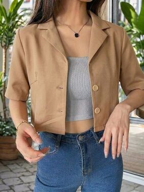 Cropped Tan Button-Front Blazer